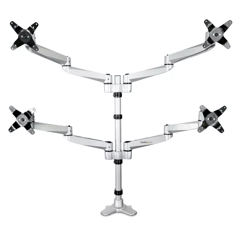 StarTech.com Uchwyt biurkowy do czterech monitorów – Wysokiej klasy przegubowy uchwyt VESA do 4 monitorów w układzie 2x2 do 30 cali – Ergonomiczny słupek z regulacją wysokości – Odchylanie/obrót/obracanie ekranu – Mocowanie zaciskowe/grommetowe – Srebrny