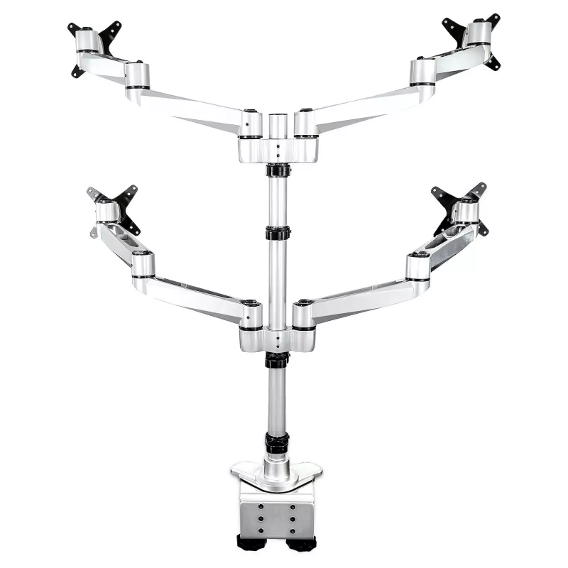StarTech.com Uchwyt biurkowy do czterech monitorów – Wysokiej klasy przegubowy uchwyt VESA do 4 monitorów w układzie 2x2 do 30 cali – Ergonomiczny słupek z regulacją wysokości – Odchylanie/obrót/obracanie ekranu – Mocowanie zaciskowe/grommetowe – Srebrny