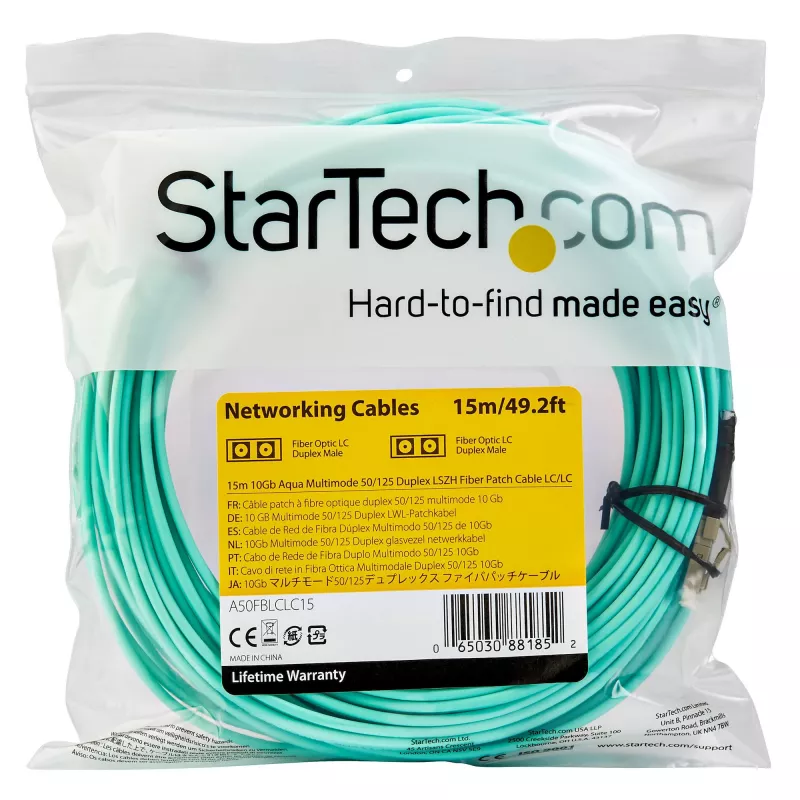 StarTech.com 15m (50ft) LC/UPC do LC/UPC OM3 wielomodowy kabel światłowodowy, pełny dupleks, 50/125µm, kabel typu zipcord, 100G, niskie tłumienie wtrąceniowe, LSZH, zworka światłowodowa