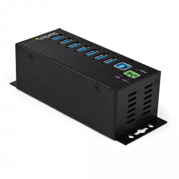 StarTech.com 7-portowy hub USB 3.0 z zasilaczem – metalowy przemysłowy hub USB-A z ochroną ESD i przeciwprzepięciową 350 W – montaż na szynie DIN/ścianie/biurku – szybki hub USB 3.2 Gen 1 (5 Gb/s) – TAA