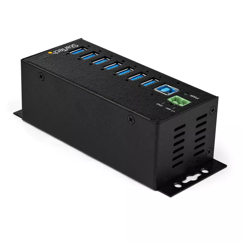 StarTech.com 7-portowy hub USB 3.0 z zasilaczem – metalowy przemysłowy hub USB-A z ochroną ESD i przeciwprzepięciową 350 W – montaż na szynie DIN/ścianie/biurku – szybki hub USB 3.2 Gen 1 (5 Gb/s) – TAA