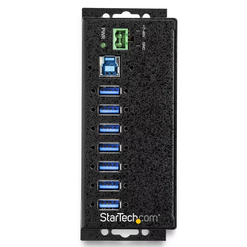 StarTech.com 7-portowy hub USB 3.0 z zasilaczem – metalowy przemysłowy hub USB-A z ochroną ESD i przeciwprzepięciową 350 W – montaż na szynie DIN/ścianie/biurku – szybki hub USB 3.2 Gen 1 (5 Gb/s) – TAA