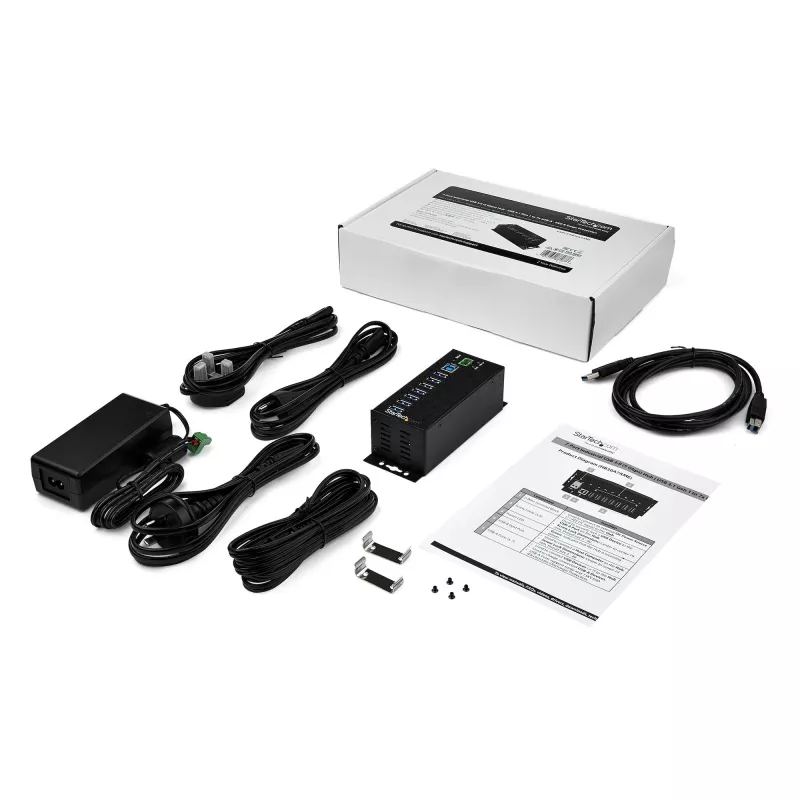 StarTech.com 7-portowy hub USB 3.0 z zasilaczem – metalowy przemysłowy hub USB-A z ochroną ESD i przeciwprzepięciową 350 W – montaż na szynie DIN/ścianie/biurku – szybki hub USB 3.2 Gen 1 (5 Gb/s) – TAA