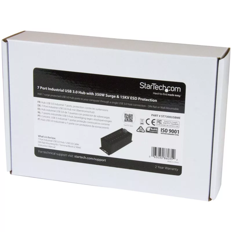 StarTech.com 7-portowy hub USB 3.0 z zasilaczem – metalowy przemysłowy hub USB-A z ochroną ESD i przeciwprzepięciową 350 W – montaż na szynie DIN/ścianie/biurku – szybki hub USB 3.2 Gen 1 (5 Gb/s) – TAA