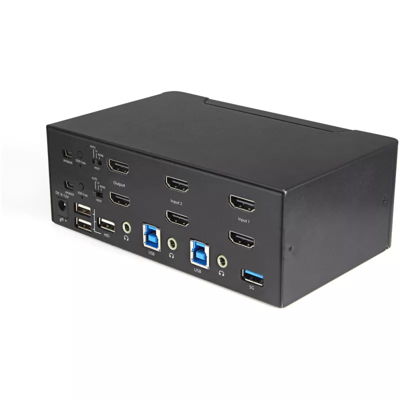 StarTech.com 2-portowy przełącznik KVM Dual Monitor HDMI – 4K 60 Hz Ultra HD HDR – biurkowy przełącznik KVM HDMI 2.0 4K z 2-portowym hubem USB 3.0 (5 Gb/s) i 4x USB 2.0 HID, audio – przełączanie skrótami klawiszowymi – TAA