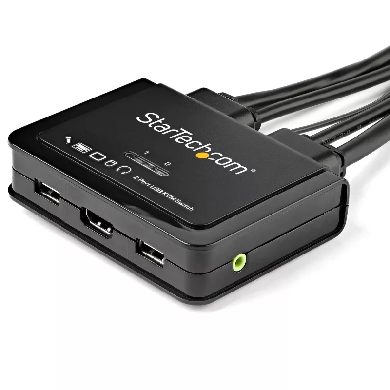 StarTech.com 2-portowy przełącznik KVM HDMI - 4K 60 Hz - Kompaktowy 2-portowy przełącznik KVM UHD/Ultra HD USB do komputera stacjonarnego ze zintegrowanymi kablami 1,2 m i audio - zasilany magistralą i zdalne przełączanie - MacBook ThinkPad