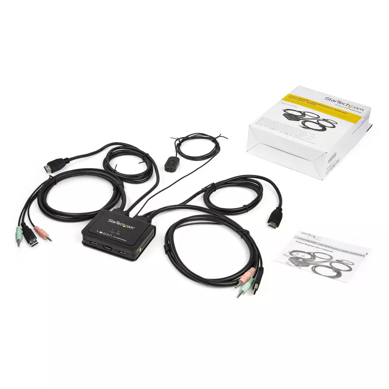 StarTech.com 2-portowy przełącznik KVM HDMI - 4K 60 Hz - Kompaktowy 2-portowy przełącznik KVM UHD/Ultra HD USB do komputera stacjonarnego ze zintegrowanymi kablami 1,2 m i audio - zasilany magistralą i zdalne przełączanie - MacBook ThinkPad