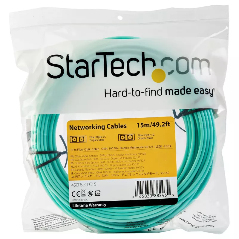 Kabel światłowodowy wielomodowy StarTech.com 15 m (50 stóp) LC/UPC na LC/UPC OM4, włókno LOMMF/VCSEL 50/125 µm Zipcord, 100G, niskie tłumienie wtrąceniowe - zworka światłowodowa LSZH