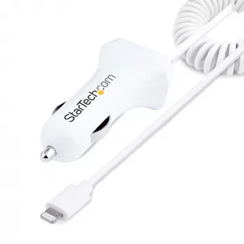 StarTech.com Ładowarka samochodowa Lightning ze zwijanym kablem, zwijany kabel Lightning 1 m, 12 W, biała, adapter samochodowy USB z 2 portami do telefonów i tabletów, podwójna ładowarka samochodowa USB do iPhone'a