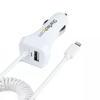 StarTech.com Ładowarka samochodowa Lightning ze zwijanym kablem, zwijany kabel Lightning 1 m, 12 W, biała, adapter samochodowy USB z 2 portami do telefonów i tabletów, podwójna ładowarka samochodowa USB do iPhone'a