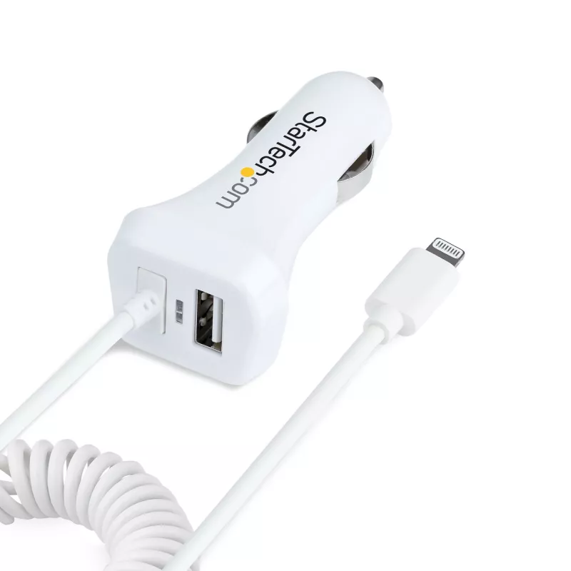 StarTech.com Ładowarka samochodowa Lightning ze zwijanym kablem, zwijany kabel Lightning 1 m, 12 W, biała, adapter samochodowy USB z 2 portami do telefonów i tabletów, podwójna ładowarka samochodowa USB do iPhone'a