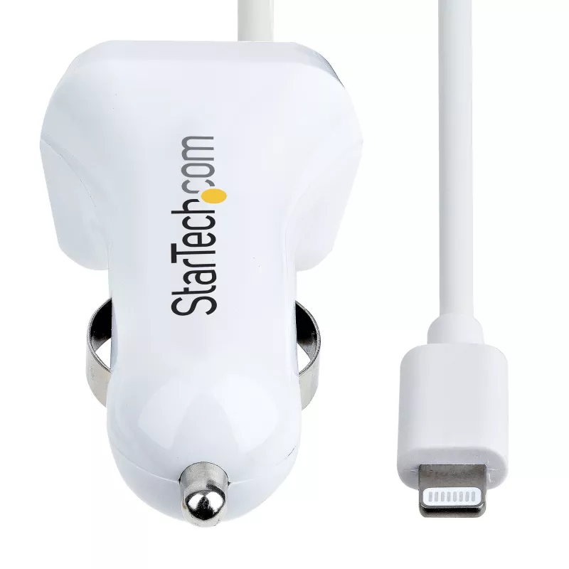 StarTech.com Ładowarka samochodowa Lightning ze zwijanym kablem, zwijany kabel Lightning 1 m, 12 W, biała, adapter samochodowy USB z 2 portami do telefonów i tabletów, podwójna ładowarka samochodowa USB do iPhone'a