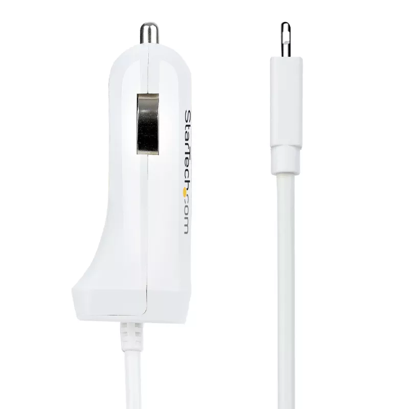 StarTech.com Ładowarka samochodowa Lightning ze zwijanym kablem, zwijany kabel Lightning 1 m, 12 W, biała, adapter samochodowy USB z 2 portami do telefonów i tabletów, podwójna ładowarka samochodowa USB do iPhone'a