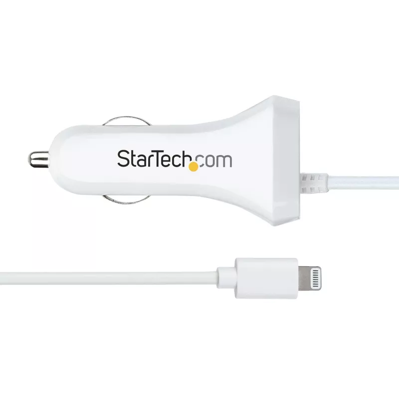 StarTech.com Ładowarka samochodowa Lightning ze zwijanym kablem, zwijany kabel Lightning 1 m, 12 W, biała, adapter samochodowy USB z 2 portami do telefonów i tabletów, podwójna ładowarka samochodowa USB do iPhone'a