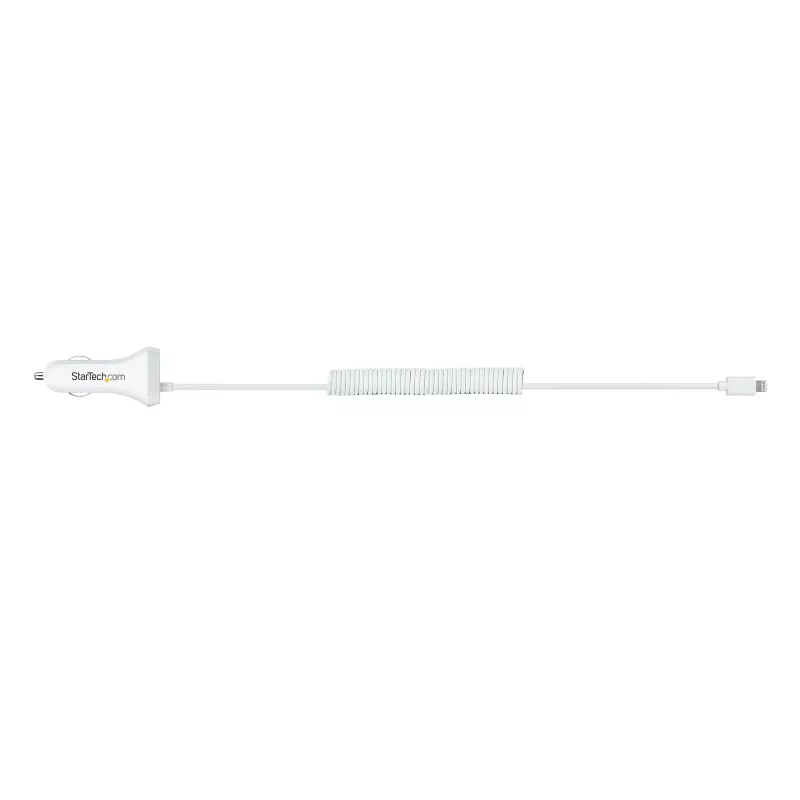 StarTech.com Ładowarka samochodowa Lightning ze zwijanym kablem, zwijany kabel Lightning 1 m, 12 W, biała, adapter samochodowy USB z 2 portami do telefonów i tabletów, podwójna ładowarka samochodowa USB do iPhone'a