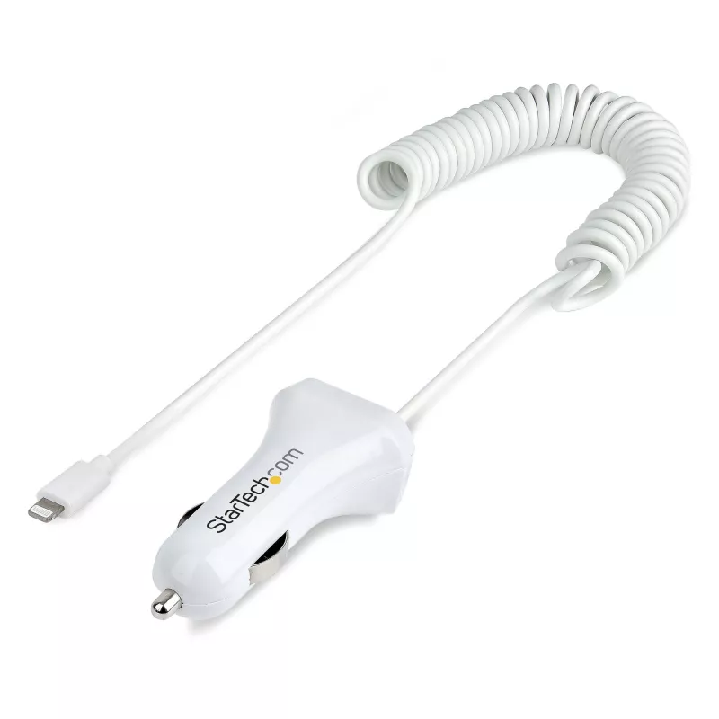 StarTech.com Ładowarka samochodowa Lightning ze zwijanym kablem, zwijany kabel Lightning 1 m, 12 W, biała, adapter samochodowy USB z 2 portami do telefonów i tabletów, podwójna ładowarka samochodowa USB do iPhone'a