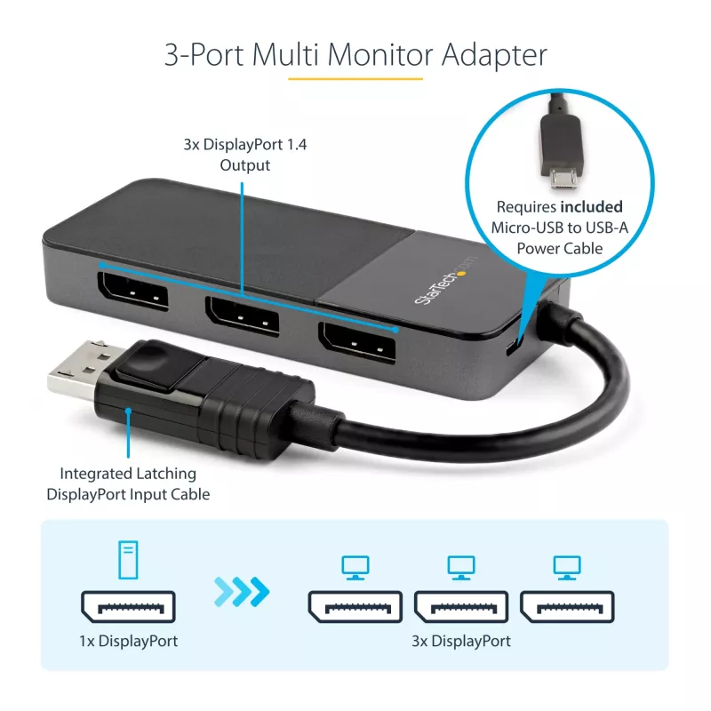 StarTech.com 3 Port Multi Monitor Adapter - DisplayPort 1.4 do 3x 4K DisplayPort Video Splitter - Podwójny lub Potrójny 4K - Hub MST DisplayPort do Laptopa/Komputera dla Wielu Monitorów - Tylko dla PC z Windows