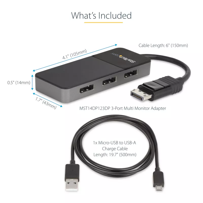 StarTech.com 3 Port Multi Monitor Adapter - DisplayPort 1.4 do 3x 4K DisplayPort Video Splitter - Podwójny lub Potrójny 4K - Hub MST DisplayPort do Laptopa/Komputera dla Wielu Monitorów - Tylko dla PC z Windows