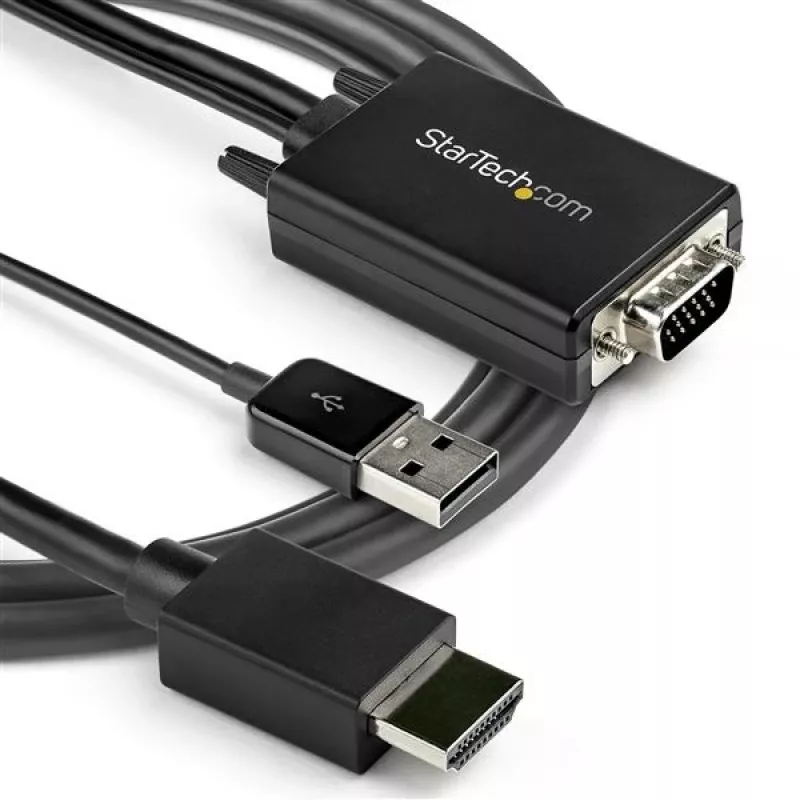StarTech.com 2m Kabel konwertera VGA na HDMI z obsługą dźwięku USB i zasilaniem – analogowo-cyfrowy adapter kablowya wideo do podłączenia komputera PC z VGA do wyświetlacza HDMI – 1080p kabel monitorowy męski-męski