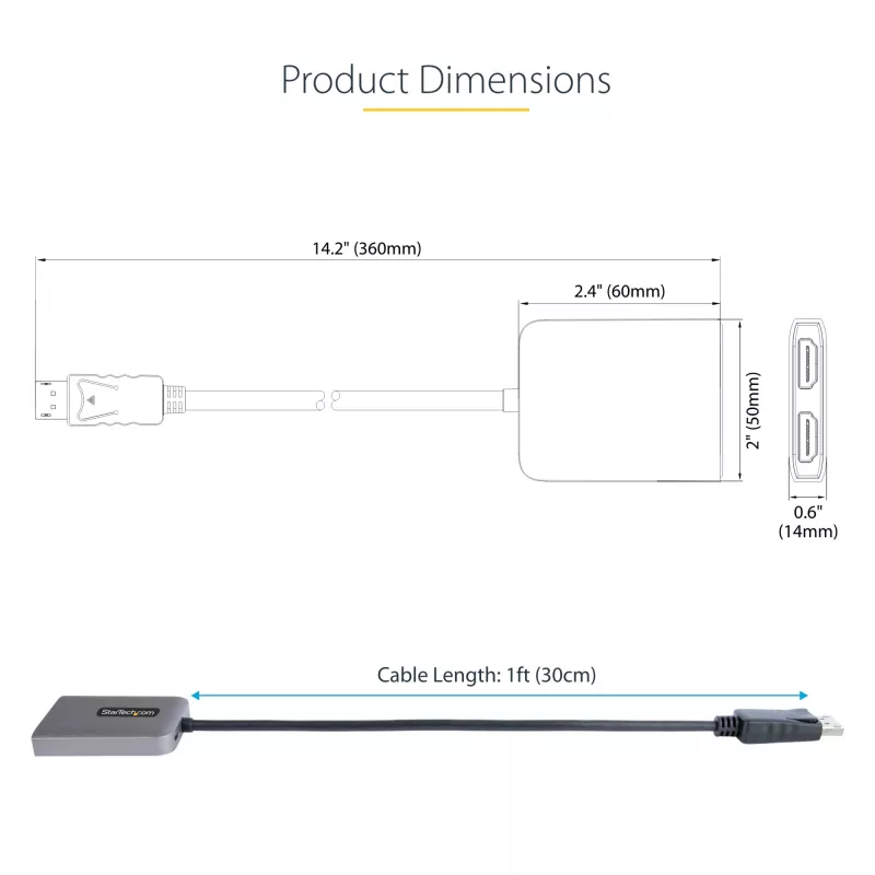 StarTech.com DP do Dual HDMI MST HUB - Podwójne HDMI 4K 60Hz - Adapter DisplayPort do wielu monitorów z kablem 1ft / 30cm - Hub DP 1.4 Multi Stream Transport, DSC | HBR3 - Rozdzielacz DP do HDMI