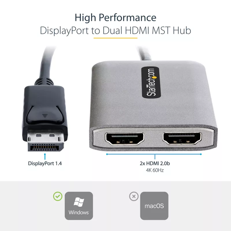 StarTech.com DP do Dual HDMI MST HUB - Podwójne HDMI 4K 60Hz - Adapter DisplayPort do wielu monitorów z kablem 1ft / 30cm - Hub DP 1.4 Multi Stream Transport, DSC | HBR3 - Rozdzielacz DP do HDMI