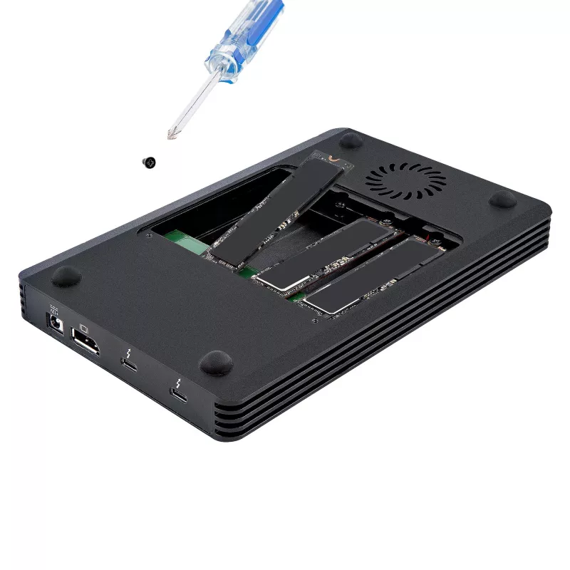 StarTech.com 4-zatokowa obudowa Thunderbolt 3 NVMe, dla dysków SSD M.2 NVMe, 1x wideo DisplayPort/ 2x porty downstream TB3, 40Gbps, zasilacz 72W, zewnętrzna obudowa dysku twardego
