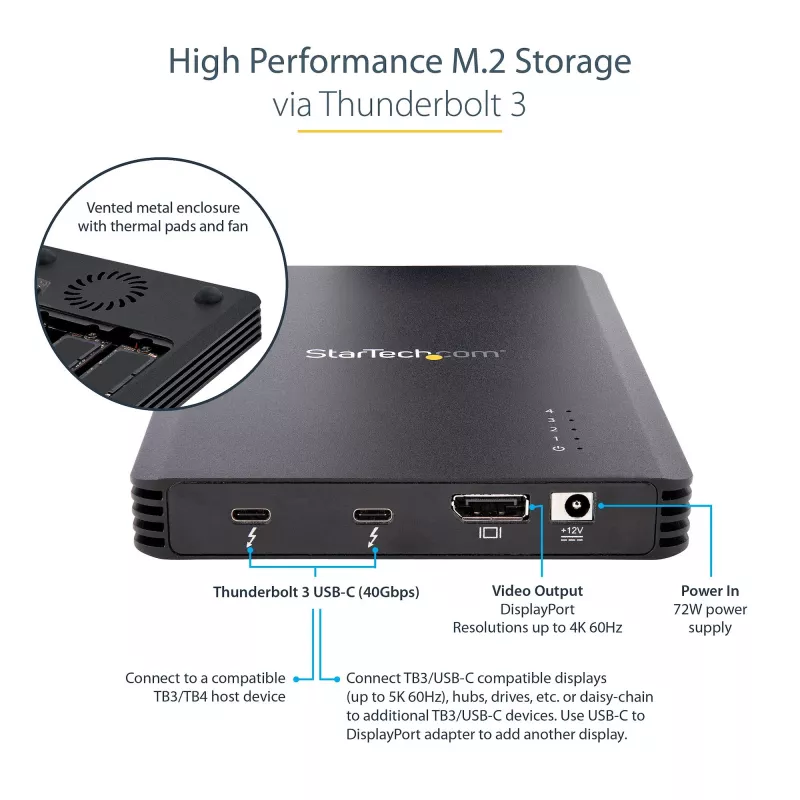 StarTech.com 4-zatokowa obudowa Thunderbolt 3 NVMe, dla dysków SSD M.2 NVMe, 1x wideo DisplayPort/ 2x porty downstream TB3, 40Gbps, zasilacz 72W, zewnętrzna obudowa dysku twardego