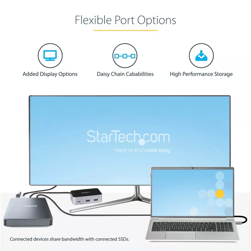 StarTech.com 4-zatokowa obudowa Thunderbolt 3 NVMe, dla dysków SSD M.2 NVMe, 1x wideo DisplayPort/ 2x porty downstream TB3, 40Gbps, zasilacz 72W, zewnętrzna obudowa dysku twardego