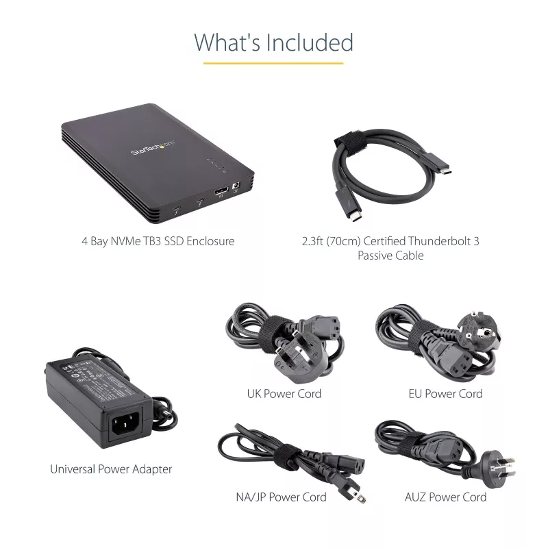 StarTech.com 4-zatokowa obudowa Thunderbolt 3 NVMe, dla dysków SSD M.2 NVMe, 1x wideo DisplayPort/ 2x porty downstream TB3, 40Gbps, zasilacz 72W, zewnętrzna obudowa dysku twardego
