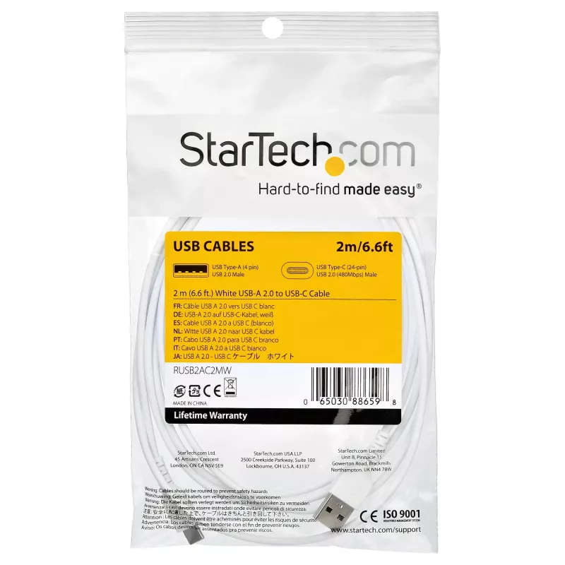 StarTech.com 2m kabel ładujący USB A na USB C - wytrzymały kabel do szybkiego ładowania i synchronizacji USB 2.0 na USB Type C - solidna powłoka TPE z włóknem aramidowym M/M 3A biały - Samsung S10, iPad Pro, Pixel