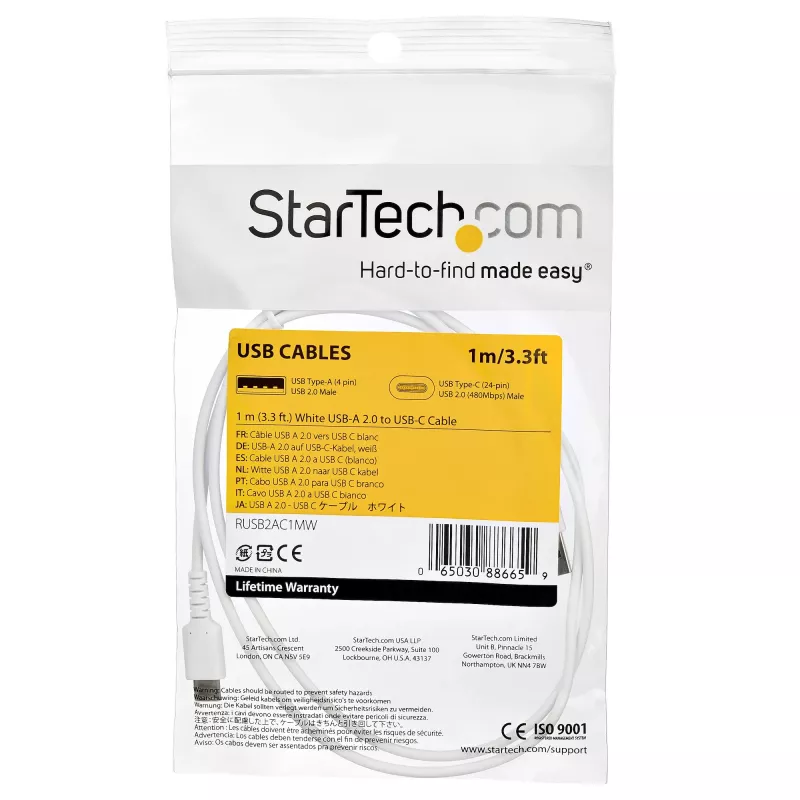 StarTech.com Kabel USB A do USB C 1 m – Wytrzymały kabel szybkiego ładowania i synchronizacji USB 2.0 do USB typu C – Solidny płaszcz TPE z włóknem aramidowym M/M 3 A biały – Samsung S10, iPad Pro, Pixel