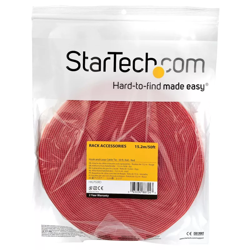 StarTech.com 50ft rolka rzepu - Przycinane opaski zaciskowe wielokrotnego użytku - Hurtowa taśma przemysłowa do mocowania przewodów / Regulowane opaski z tkaniny Czerwone / Wielokrotnego użytku samozaciskowe paski do zarządzania kablami