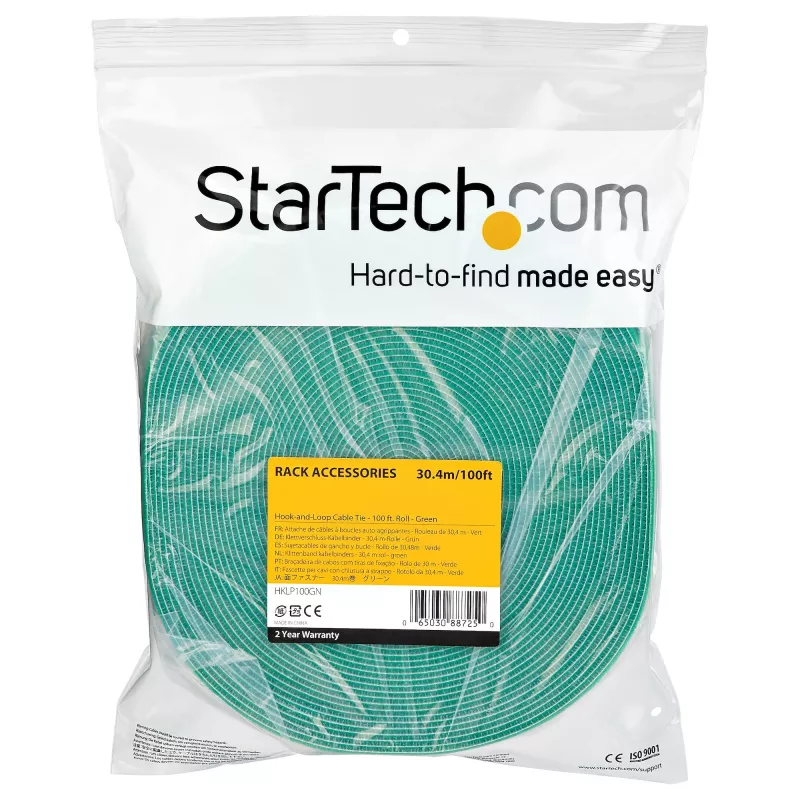 StarTech.com 100ft rolka rzepu - przycinane na wymiar opaski kablowe wielokrotnego użytku - taśma przemysłowa do mocowania przewodów / regulowane opaski materiałowe zielona / samochwytne paski do zarządzania kablami wielokrotnego użytku