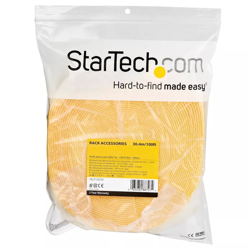 StarTech.com 100ft Hook and Loop Roll - Cut-to-Size Reusable kabel Ties - Bulk Industrial Wire Fastener Tape /Adjustable Fabric Wraps żółty / Resuable Self Gripping kabel Management Straps
