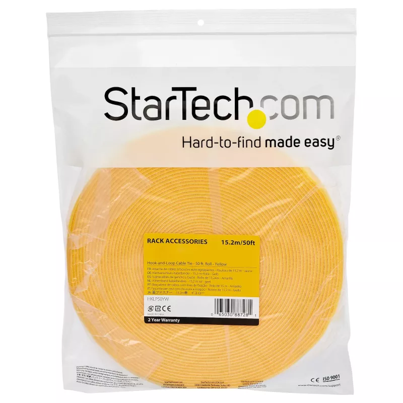 StarTech.com 25ft rolka rzepu - przycinane na wymiar opaski zaciskowe wielokrotnego użytku - taśma do mocowania przewodów przemysłowych w rolce / regulowane owijki z tkaniny żółte / wielokrotne samozaciskowe paski do zarządzania kablami