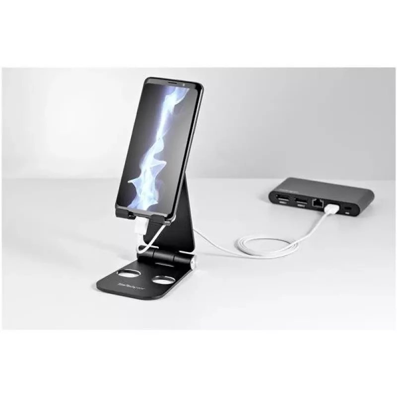 StarTech.com Stojak na telefon i tablet - Składany uniwersalny uchwyt do urządzeń mobilnych dla smartfonów i tabletów - Regulowany ergonomiczny stojak na telefon komórkowy na biurko pod wieloma kątami - Przenośny - Czarny