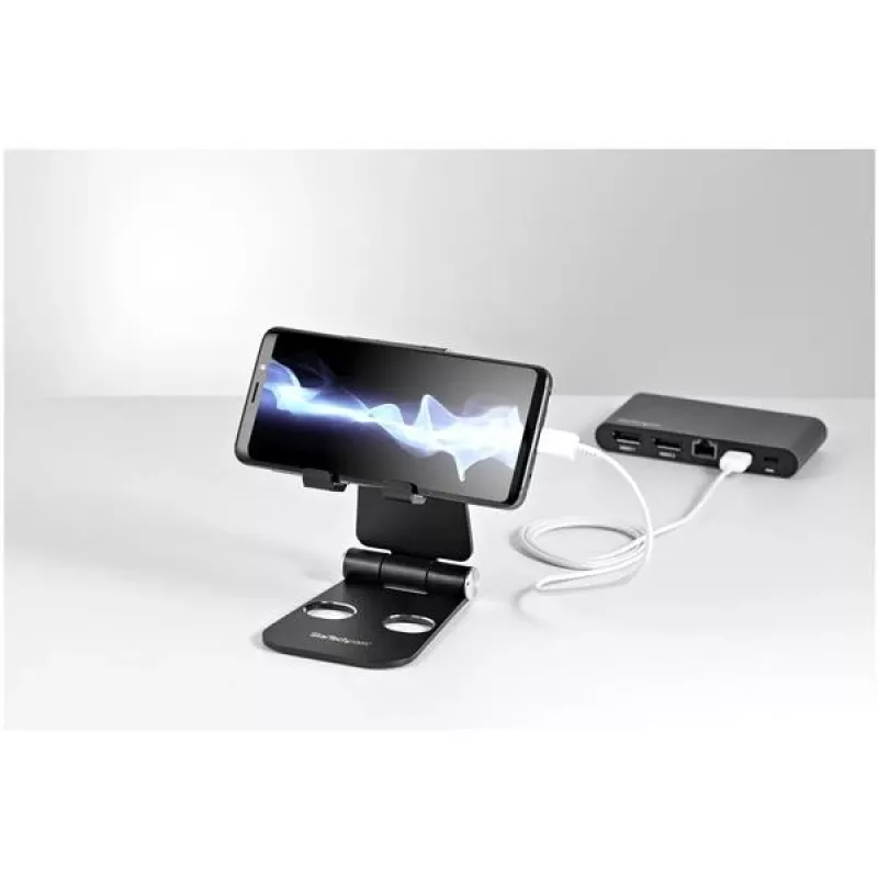 StarTech.com Stojak na telefon i tablet - Składany uniwersalny uchwyt do urządzeń mobilnych dla smartfonów i tabletów - Regulowany ergonomiczny stojak na telefon komórkowy na biurko pod wieloma kątami - Przenośny - Czarny