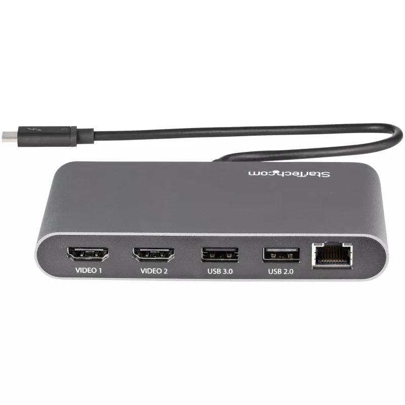 StarTech.com Mini stacja dokująca Thunderbolt z obsługą dwóch monitorów, 4K 60 Hz HDMI, bezsterownikowy hub dla Windows i Mac, Gigabit Ethernet, 1x USB 5 Gb/s i 1x USB 2.0, kabel 11 cali (28 cm)