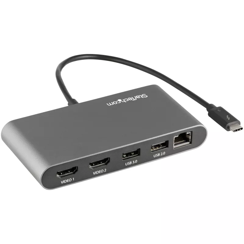 StarTech.com Mini stacja dokująca Thunderbolt z obsługą dwóch monitorów, 4K 60 Hz HDMI, bezsterownikowy hub dla Windows i Mac, Gigabit Ethernet, 1x USB 5 Gb/s i 1x USB 2.0, kabel 11 cali (28 cm)