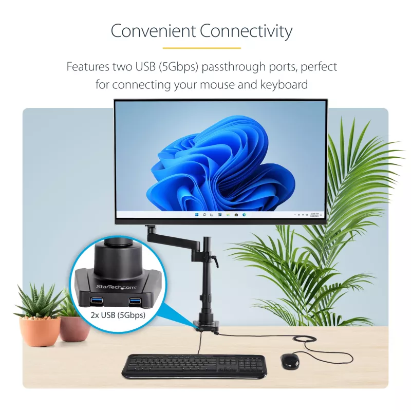 StarTech.com Biurkowe ramię do monitora z 2 portami USB 3.0, pełny ruch, pojedynczy uchwyt na monitor, do 34 cali (17,6 funta/8 kg) VESA, montaż zaciskowy/przelotowy, sprężyna mechaniczna