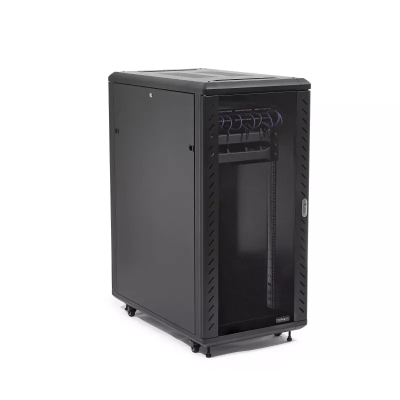 StarTech.com 4-słupkowa szafa rack 32U, zamykana na klucz szafa rack 19 cali na sprzęt komputerowy / AV / IT, szafa sieciowa do biura / domu z kółkami i regulowanymi szynami montażowymi