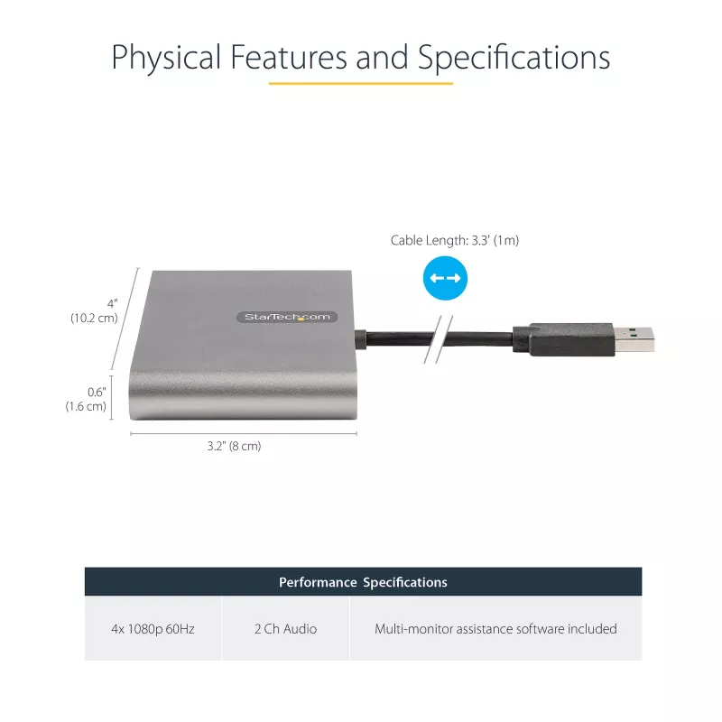 StarTech.com USB 3.0 do Quad HDMI Adapter, USB do 4x HDMI Konwerter Monitora dla Windows (brak wsparcia dla macOS/ChromeOS/Linux) - TAA