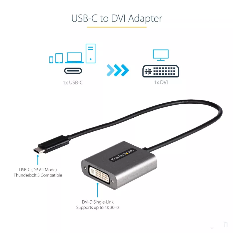 StarTech.com Adapter USB-C na DVI - 1920x1200p USB-C na DVI-D Adapter Dongle - USB Type C na DVI Wyświetlacz/Monitor - Konwerter wideo - Kompatybilny z Thunderbolt 3 - Dołączony kabel o długości 12 cali - Ulepszona wersja CDP2DVI