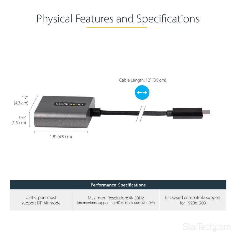 StarTech.com Adapter USB-C na DVI - 1920x1200p USB-C na DVI-D Adapter Dongle - USB Type C na DVI Wyświetlacz/Monitor - Konwerter wideo - Kompatybilny z Thunderbolt 3 - Dołączony kabel o długości 12 cali - Ulepszona wersja CDP2DVI