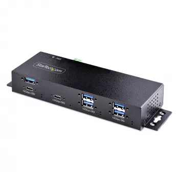 StarTech.com 7-portowy przemysłowy hub USB 10 Gb/s z zasilaczem, metalowy, montowalny, 5x porty downstream USB-A i 2x USB-C, ochrona ESD, zasilany hub USB, TAA