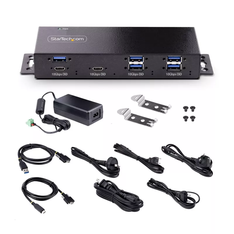 StarTech.com 7-portowy przemysłowy hub USB 10 Gb/s z zasilaczem, metalowy, montowalny, 5x porty downstream USB-A i 2x USB-C, ochrona ESD, zasilany hub USB, TAA