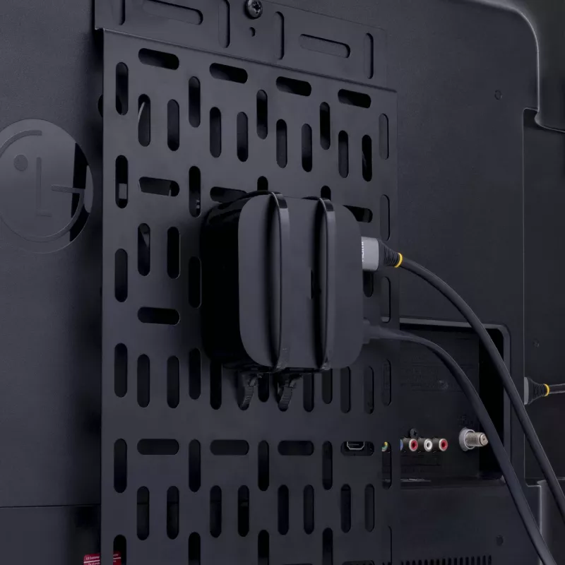StarTech.com Uniwersalny uchwyt do akcesoriów TV – regulowany wspornik montażowy do TV i na ścianę – odtwarzacze multimedialne/router/modem/przełączniki AV i przedłużacze/Apple TV – ukryty uchwyt na dekoder za TV – 11 funtów (5 kg)