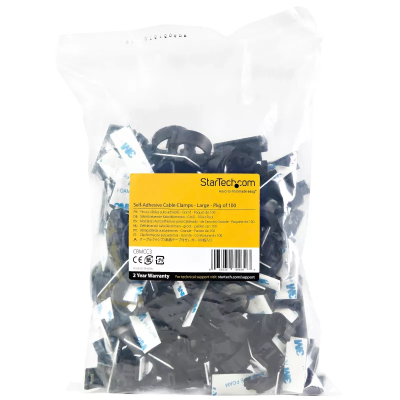 StarTech.com 100 samoprzylepnych klipsów do zarządzania kablami czarnych - organizer kabli sieciowych/Ethernet/do biurka/komputera - lepkie uchwyty na kable/przewody - nylonowe samoprzylepne zaciski z klasą ognioodporności UL/94V-2