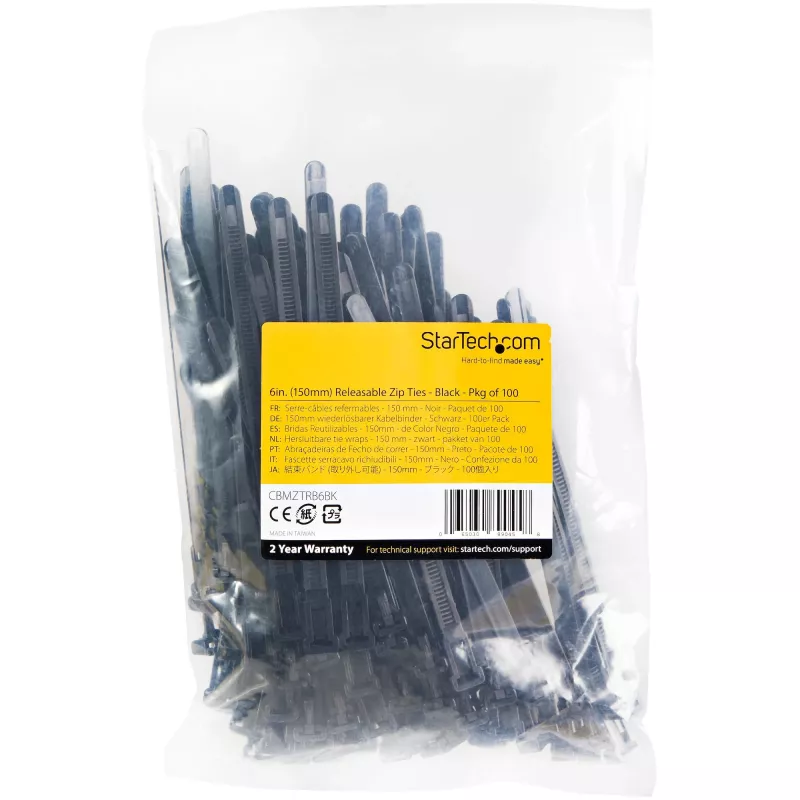 StarTech.com 6 cali (15 cm) wielorazowe opaski kablowe – szerokość 1/4 cala (7 mm), średnica wiązki 1-3/8 cala (35 mm), wytrzymałość na rozciąganie 50 funtów (22 kg), rozłączane opaski nylonowe, do użytku wewnątrz/na zewnątrz, zgodne z UL 94V-2, 100 szt. – czarne