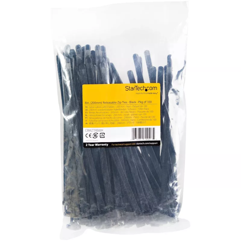 StarTech.com Opaski zaciskowe wielokrotnego użytku 8 cali (20 cm) – szerokość 1/4 cala (7 mm), średnica wiązki 1-7/8 cala (50 mm), wytrzymałość na rozciąganie 50 funtów (22 kg), opaski nylonowe rozłączane, do zastosowań wewnętrznych/zewnętrznych, klasyfikacja 94V-2/UL, opakowanie 100 szt. – czarne